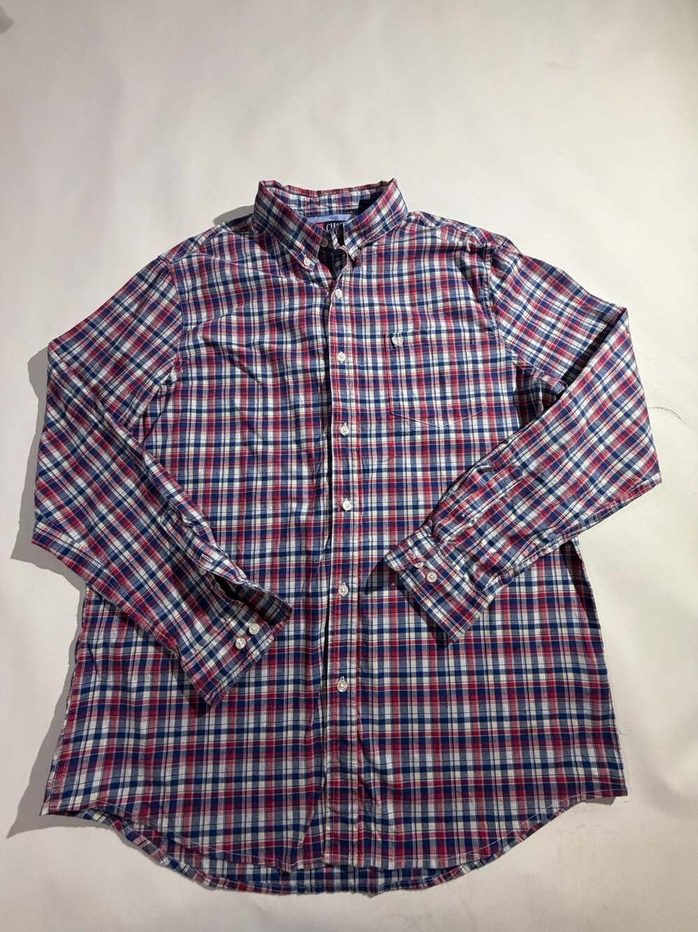 Chaps Mens XL Red Blue White Plaid Stretch Button Down Shirt Long Sleeve